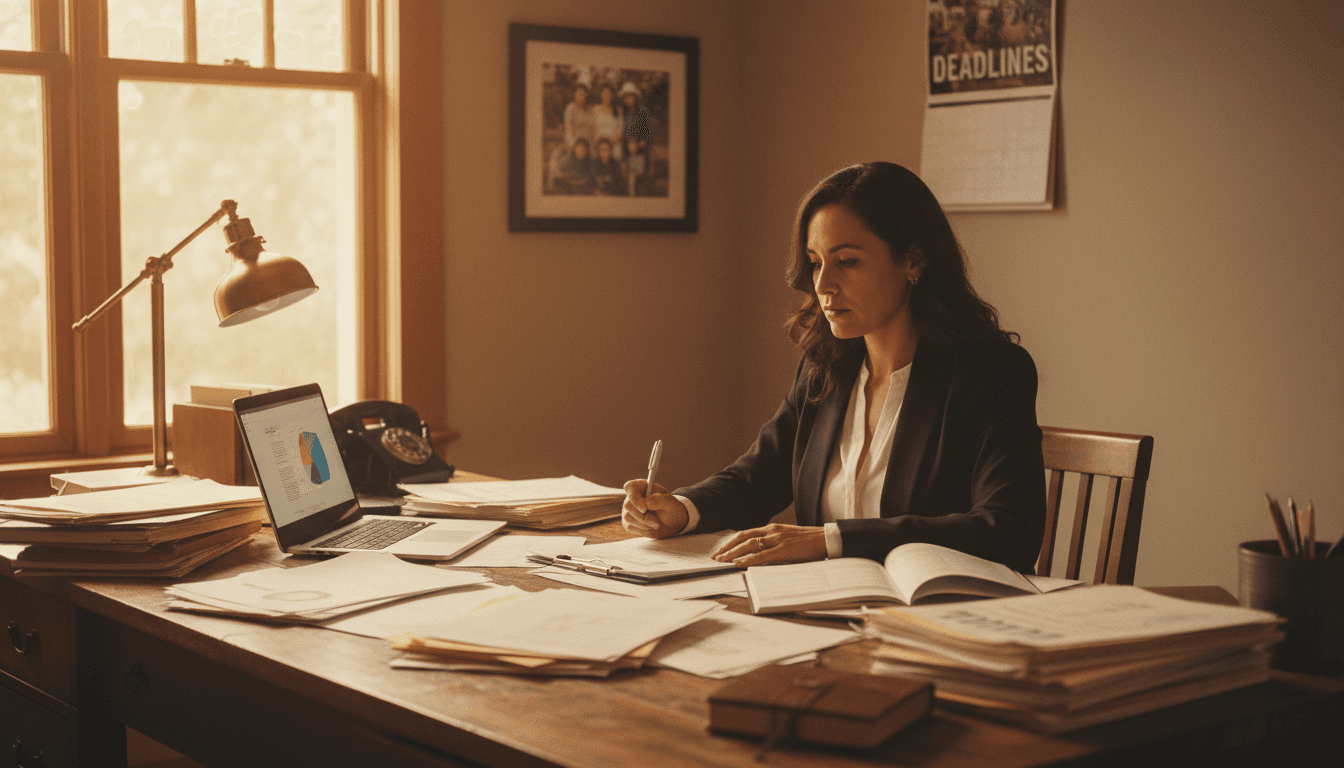 Professional grant writer reviewing funding documents at a wooden desk with natural light