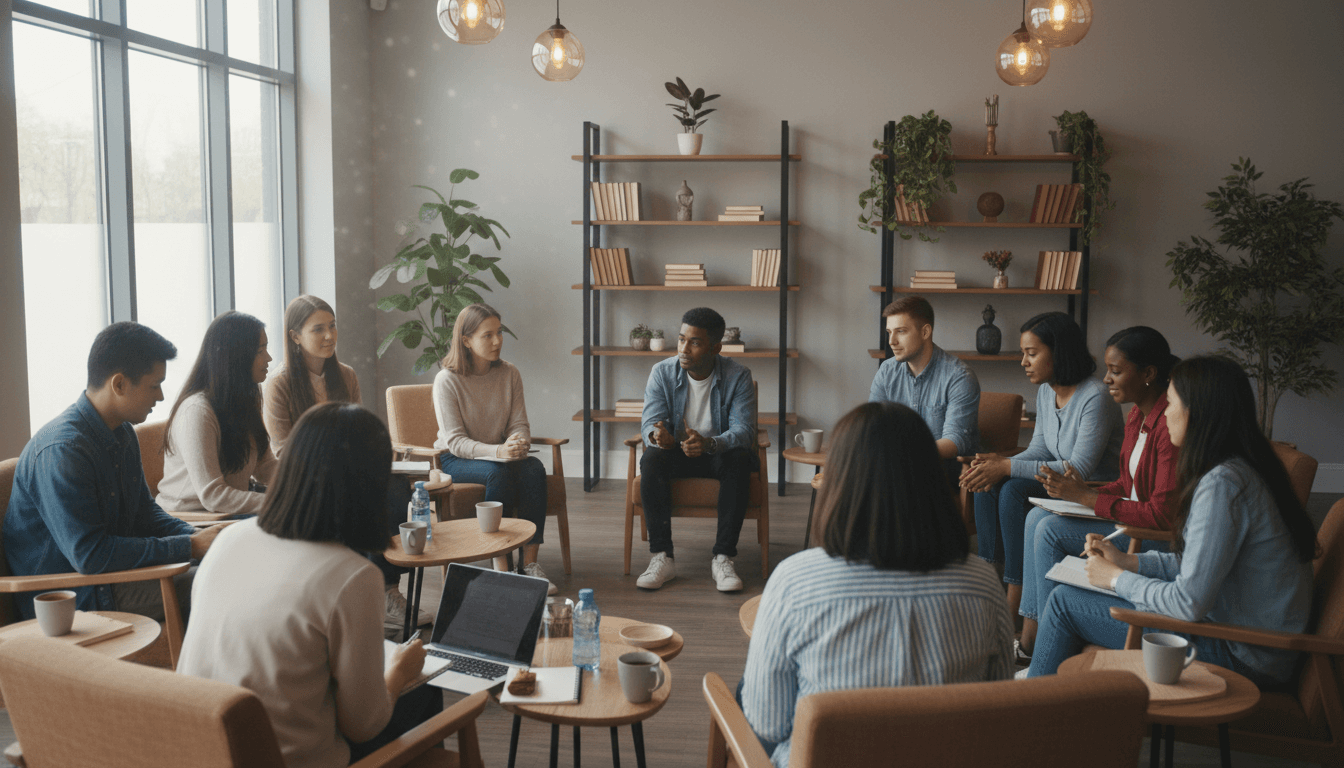 Diverse group of young adults engaged in animated discussion in modern community space with natural lighting
