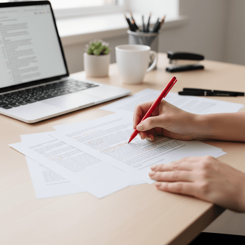 Content editor's hands marking manuscript revisions with red pen on clean desk in natural light