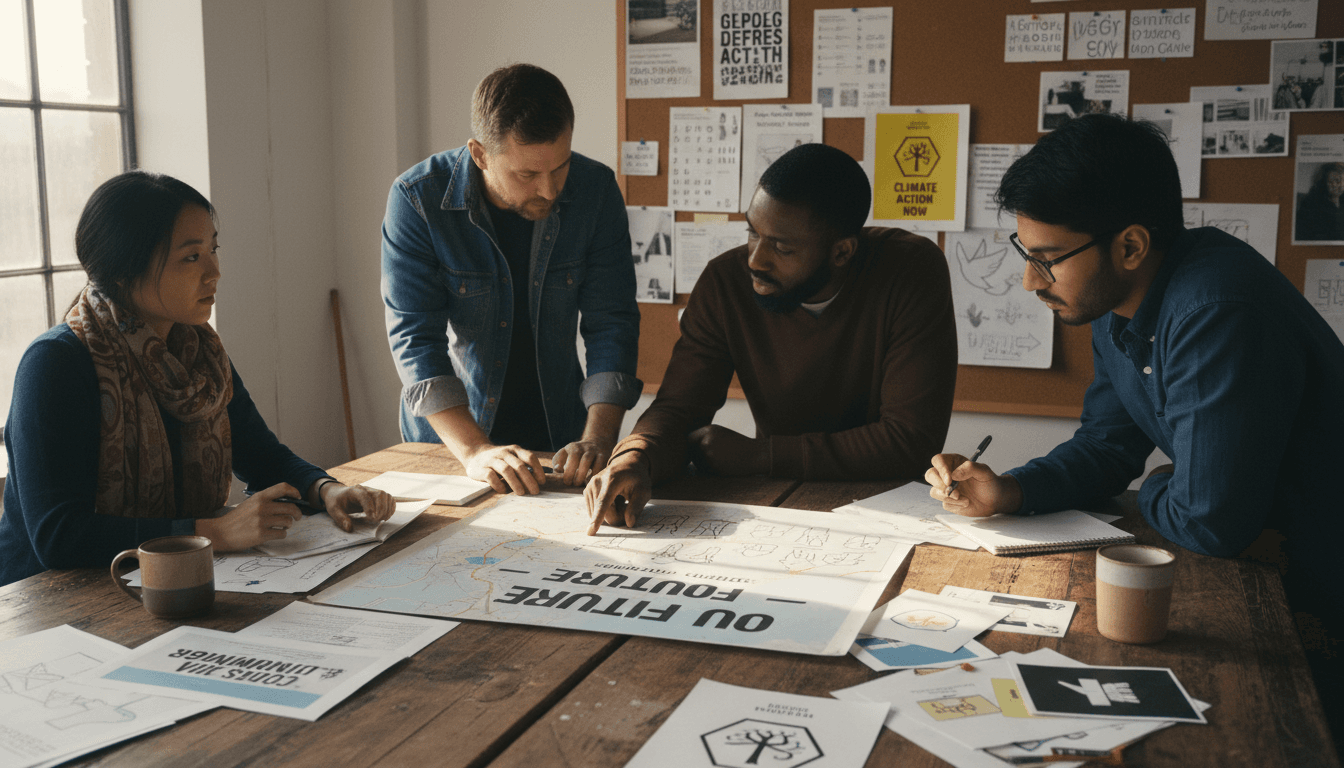 Diverse nonprofit team collaborating on grant proposals at a wooden table in bright natural light