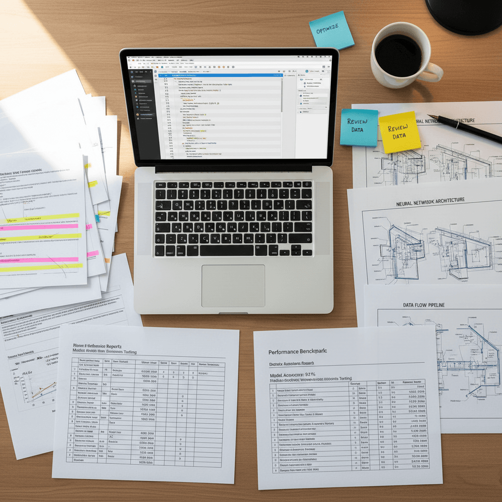Overhead view of researcher's desk with benchmark reports, code outputs, performance metrics, and architectural diagrams arranged for analysis