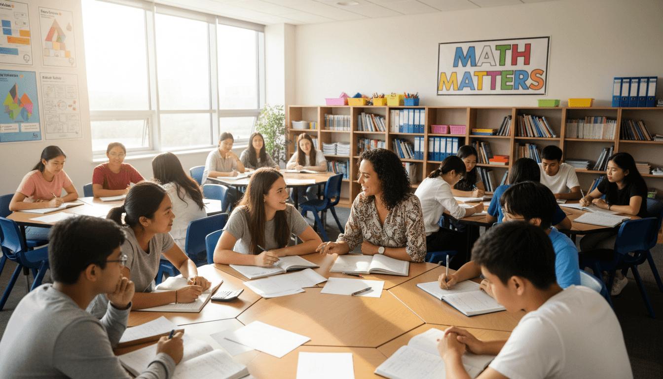 Diverse secondary students working together on mathematics problems in bright, modern classroom with engaged teacher facilitating discussion
