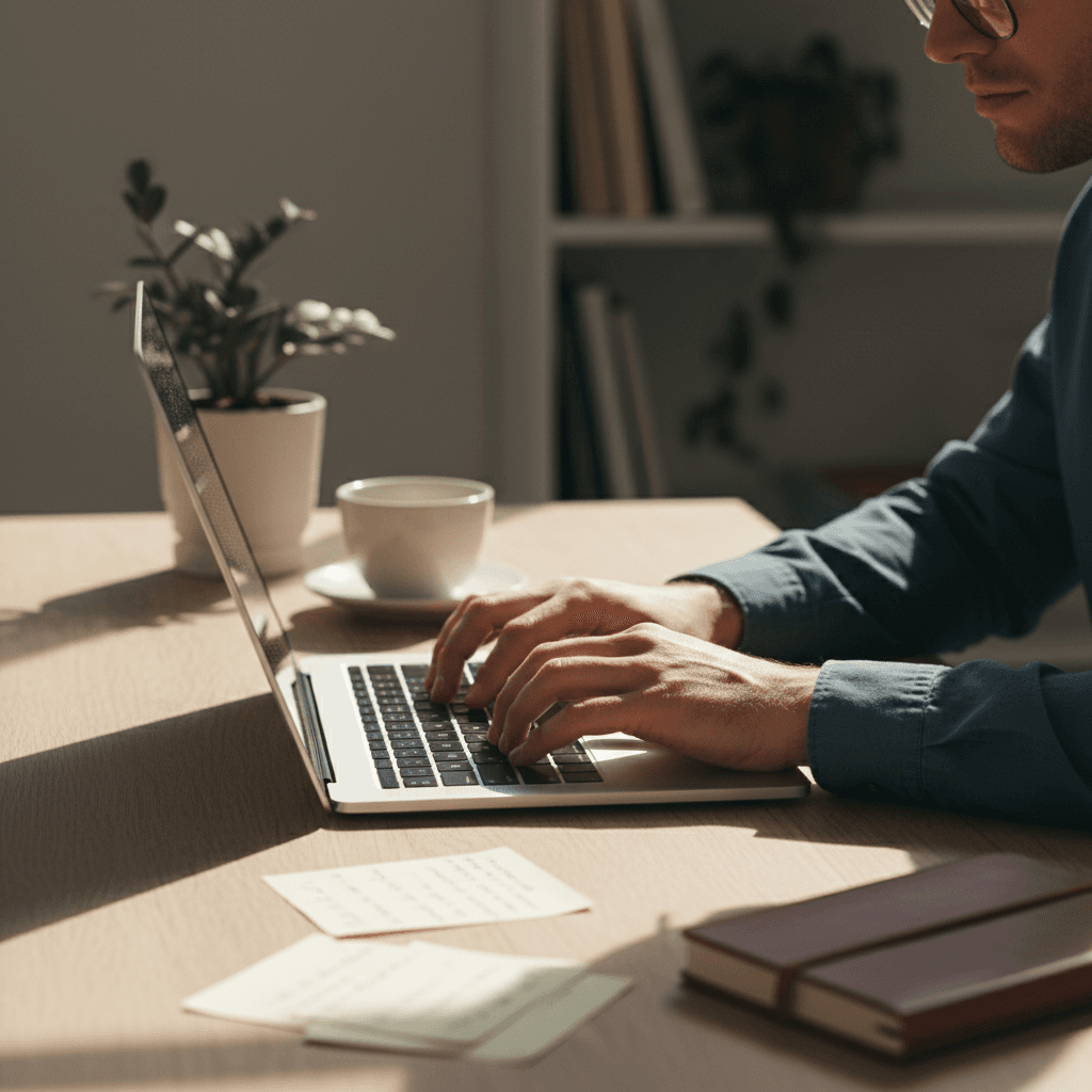 Grant writing professional reviewing funding documents at wooden desk with natural window light