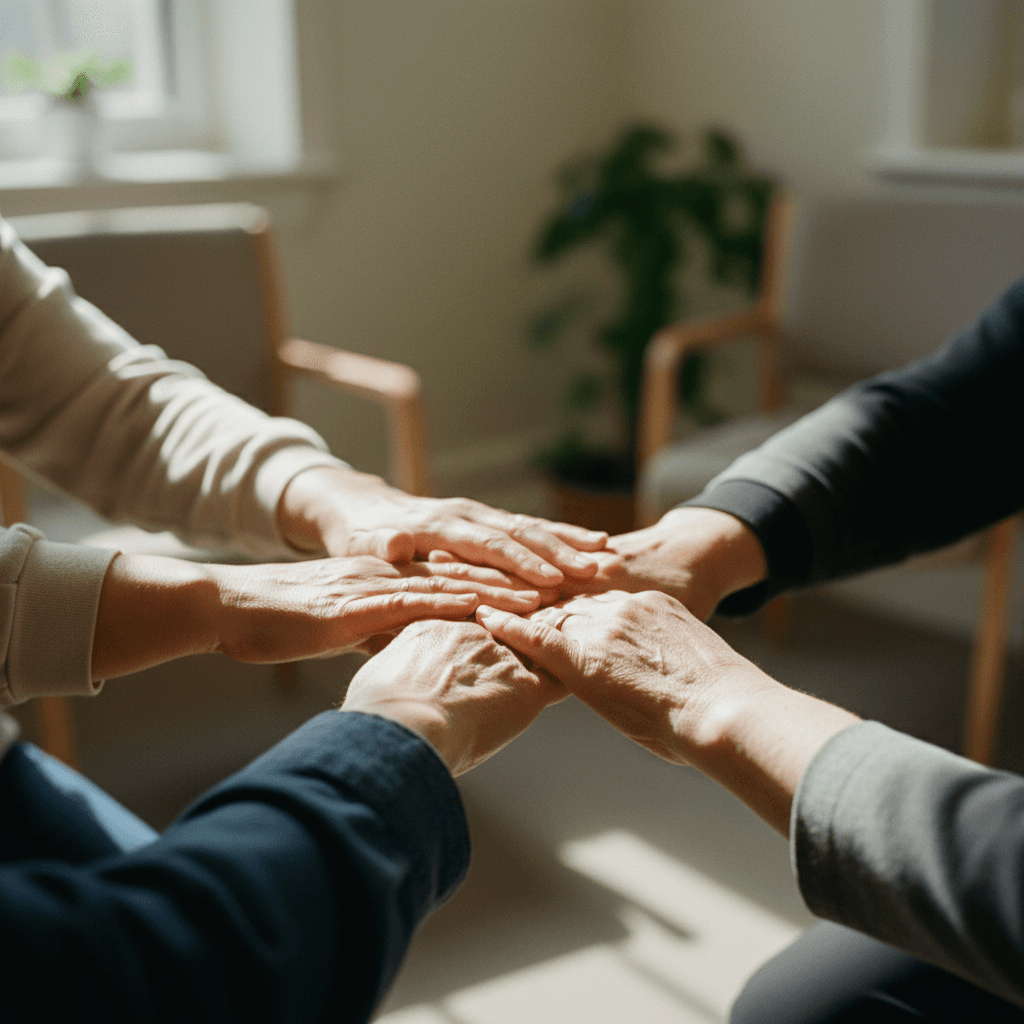 Diverse hands joined together in a circle showing support and unity during a community group session